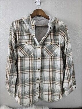 Womens Multicolored Lined Flannel Button Up Jacket With Hood Size L